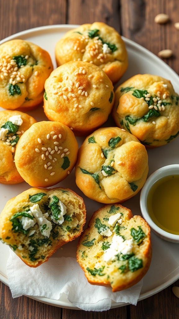 Golden brown spinach and feta muffins on a plate, showcasing their fluffy texture and vibrant green spinach.